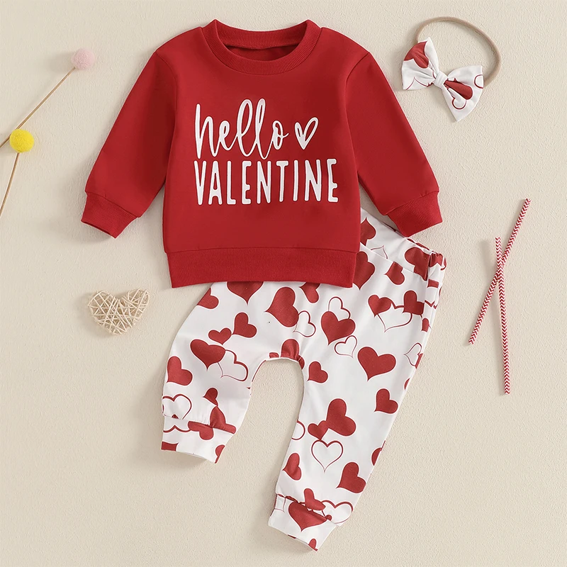 

0-3Years Kids Baby Girl Valentine's Day Outfits Letter Print O Neck Long Sleeve Sweatshirts Heart Print Long Pants Headband Set