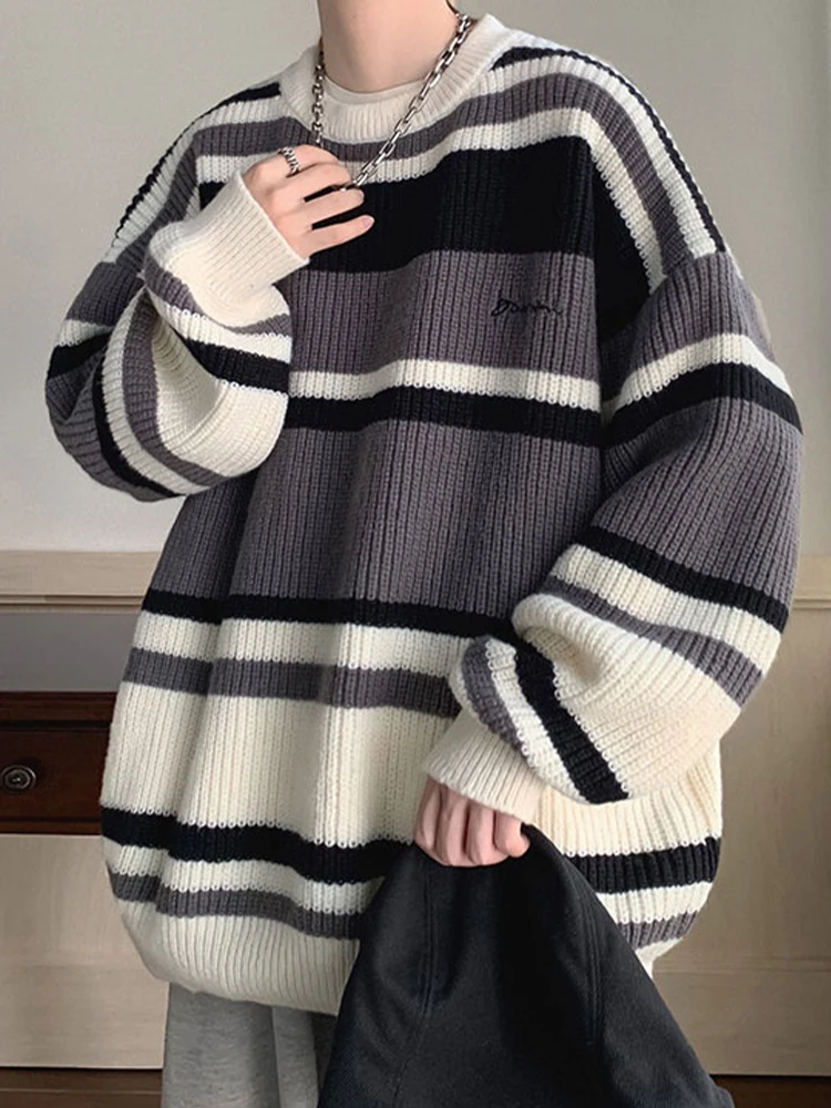 Striped Sweater Women Winter Embroidered Knitted Sweater Men Oversized Loose Contrast Color Pullover Retro Casual Jumpers Couple