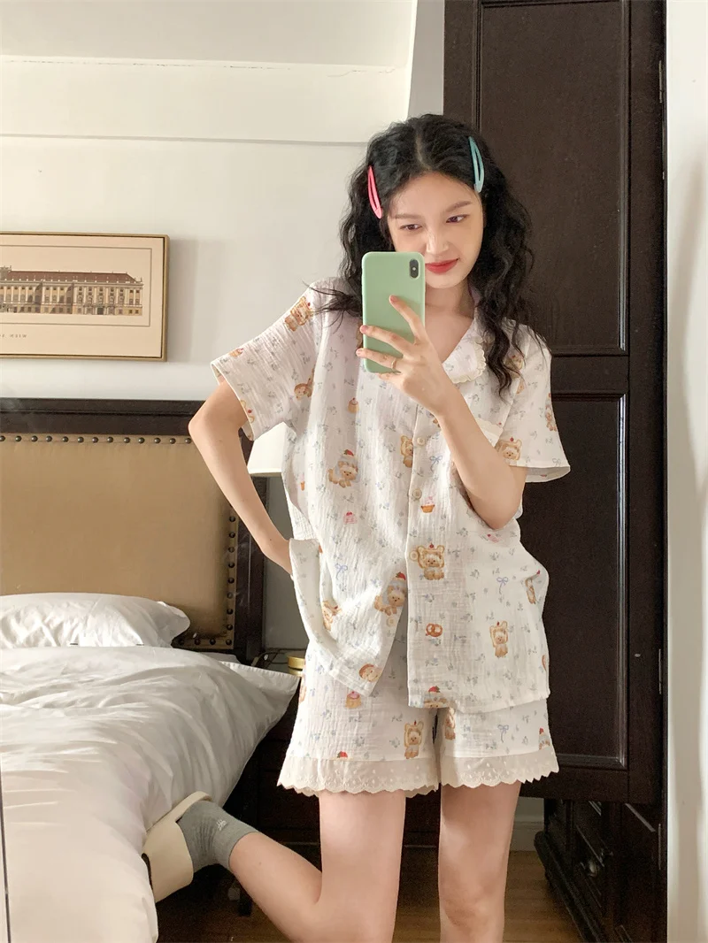 Pure Cotton Korean Version Cute Cartoon Lace Pajamas Women's 2025 Summer Casual Loose Skin-friendly Short-sleeved Loungewear
