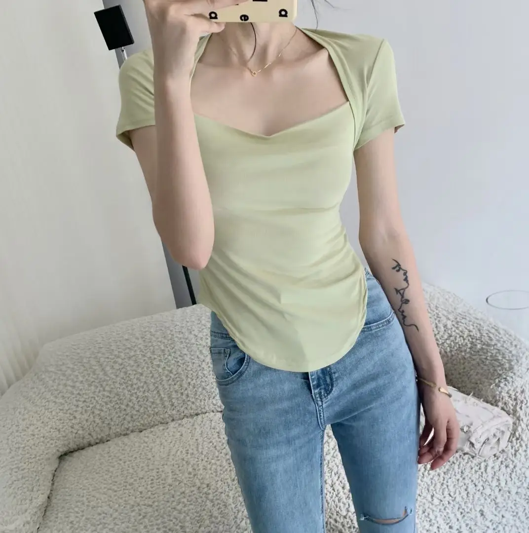 Korean Fashion Square Neckline T-shirts Women Sexy Low Cut Kpop Tops Y2K Vintage Slim Tees Cheap Clothes Woman Black Tshirts