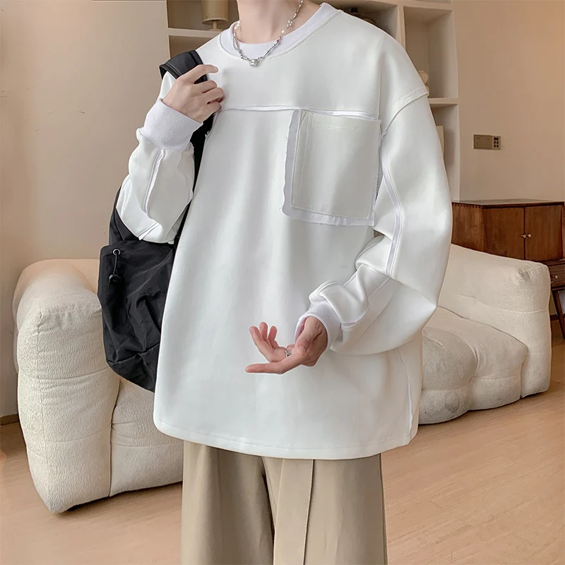 

Spring Sports T-shirt Plus-size Men Autumn Hoodie Long-sleeved Shirt American Trendy Brand for Teenagers Loose Base Layer Pocket