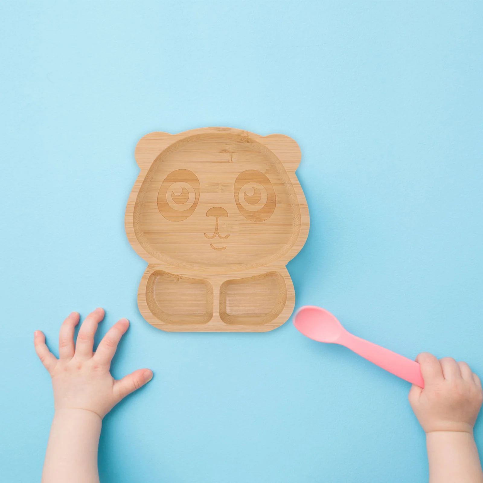 

Bamboo Wood Divided Plate Set Silicone Suction Base Kids Food Tray Dish Panda Pattern Non-Slip Lunch Plate Kitchen Bar