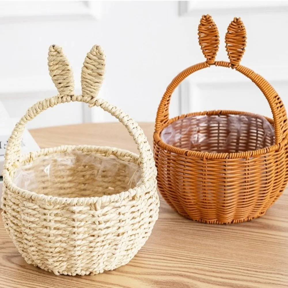 Cartoon Rabbit Ear Storage Basket Multifunctional with Handles Egg Gathering Ornaments Hand Woven Basket Easter Festival Gift