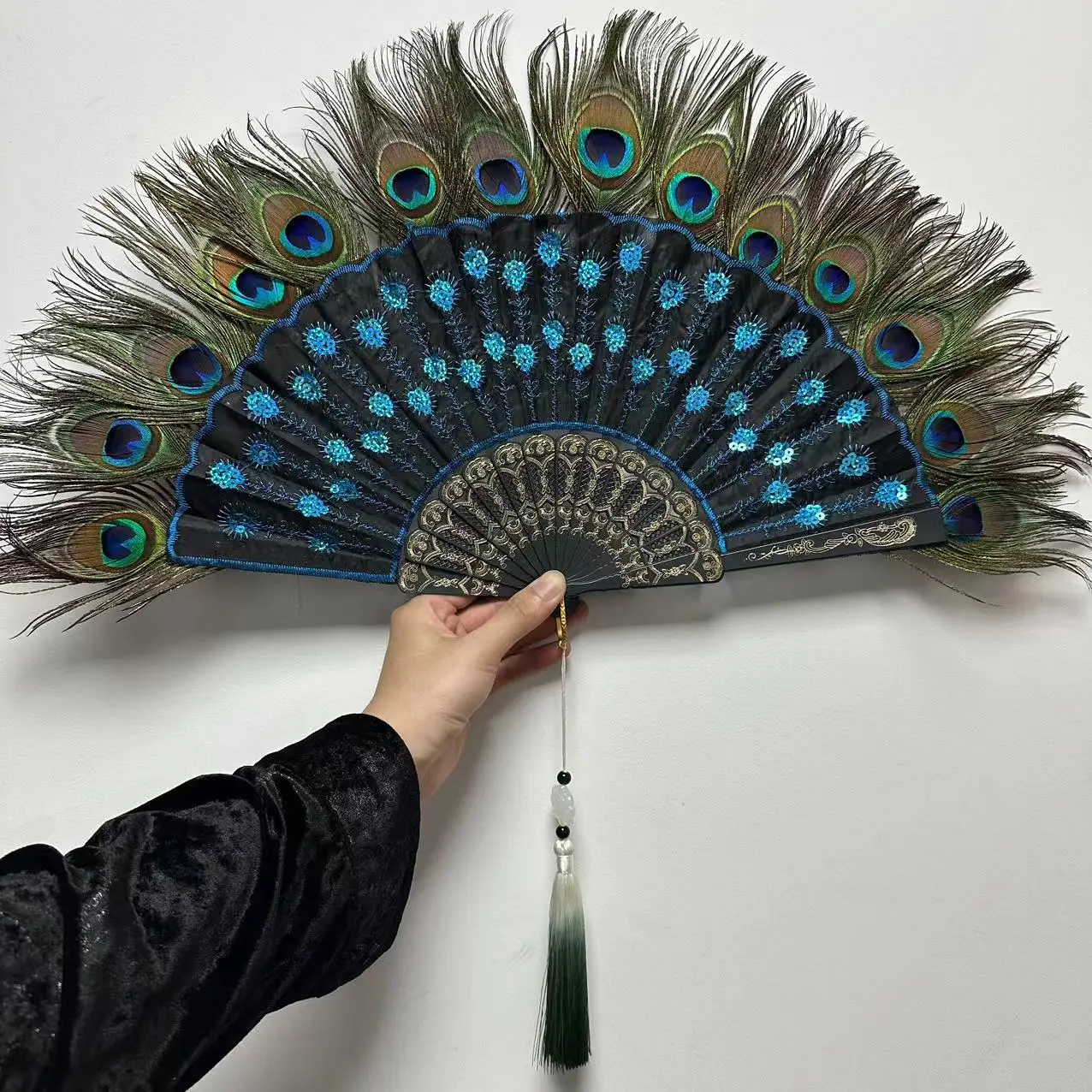 Embroidery Sequin Peacock Feather Folding Fan Lolita Dance Hand Fan with Pendant Gifts Wedding Party Decoration