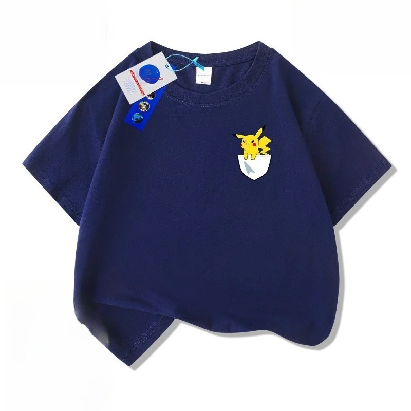 Детская летняя новая детская футболка из чистого хлопка с рукавами Хайфа для мальчиков, топ с рисунком Покемона Пикачу для мальчиков