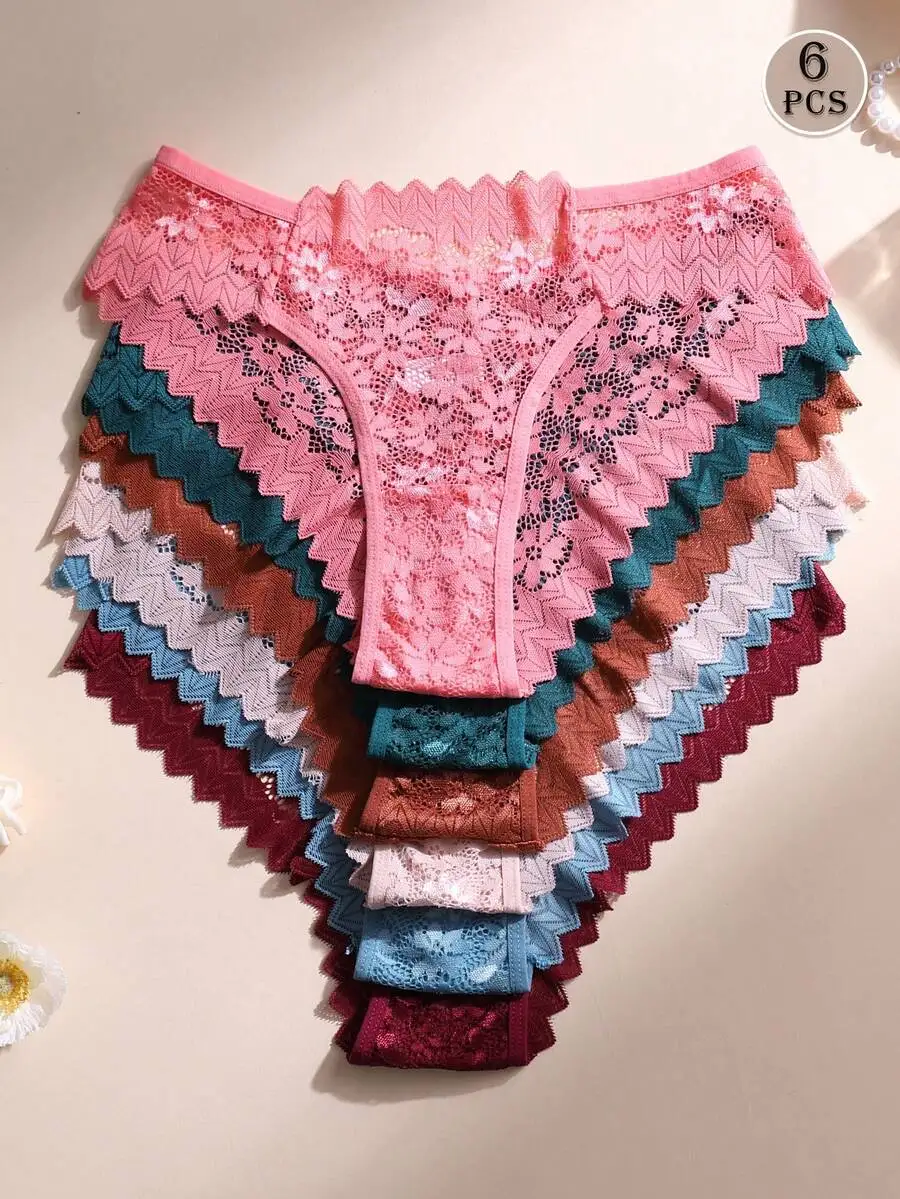 

6 PCS Lace Splicing Low Rise Seamless Bikini Panties For Women Breathable Soft Underwear Daily Wear Yoga