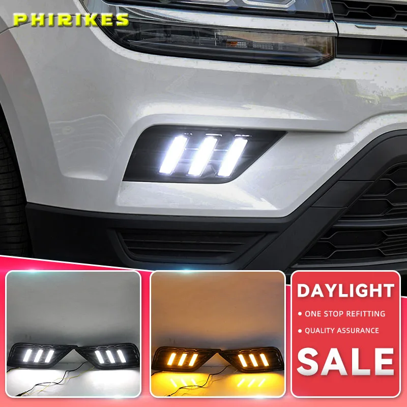 

1Pair LED DRL Daytime Running Light Daylights For Volkswagen VW Tharu 2019 With Yellow Turn Signal Fog Lamp Cover night blue