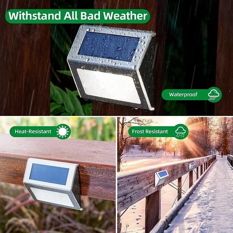 Solar Powered Fence Lights Outdoor Stainless Steel Waterproof Illuminates for Stair Deck Patio Step Fence Outside Wall Stair