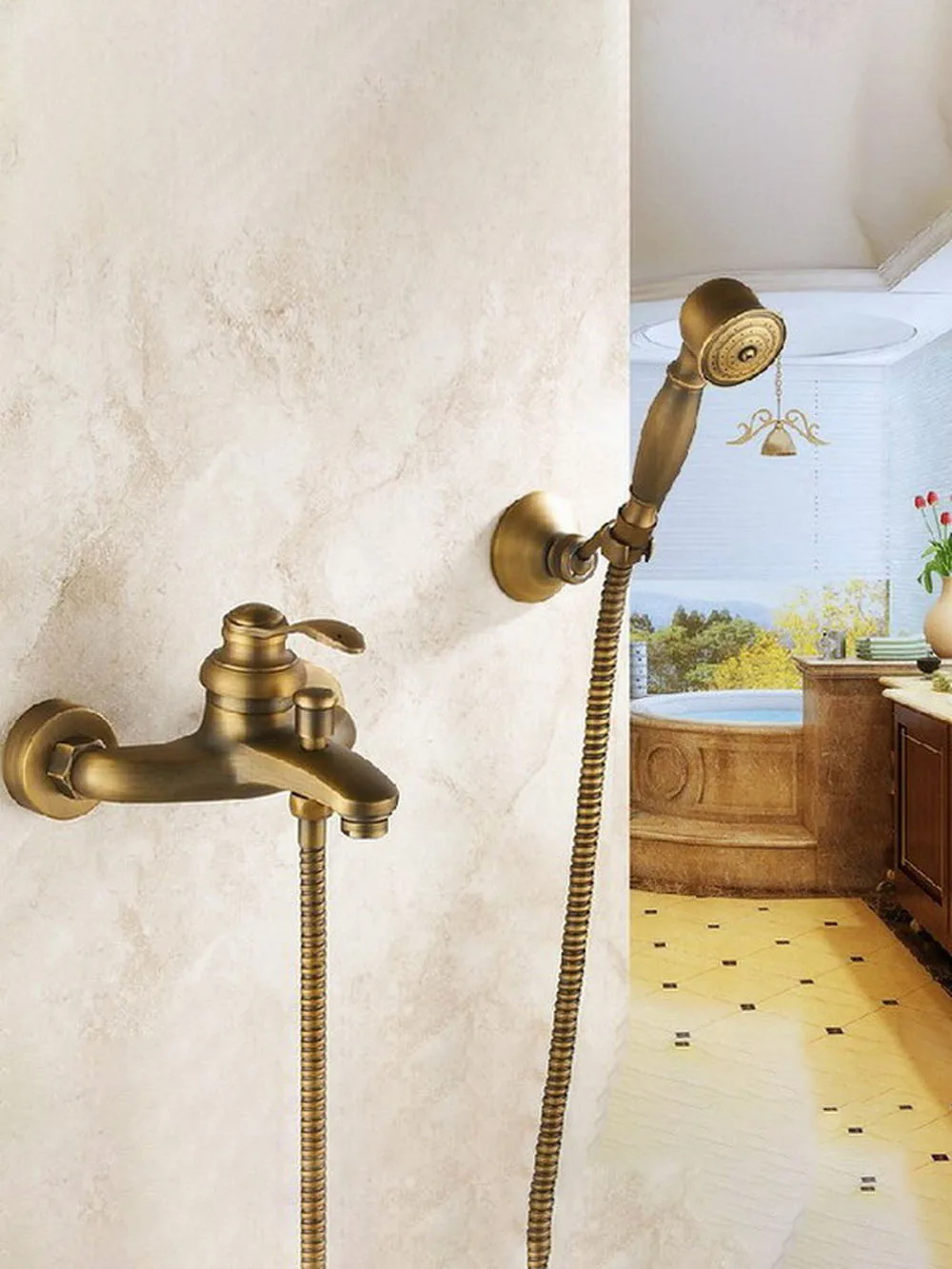 Imagem -05 - Vintage Retro Bronze Antigo Único Punho Fixado na Parede do Banheiro Banheira Chuveiro Torneira Misturadora com Handshower Mtf028