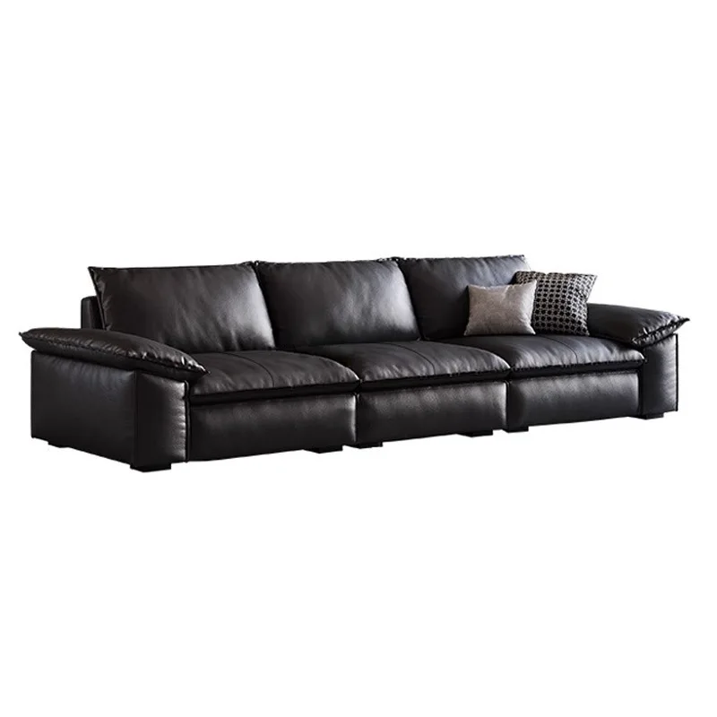 

Leather sofa black living room small apartment modern simple first-layer cowhide sofa straight row