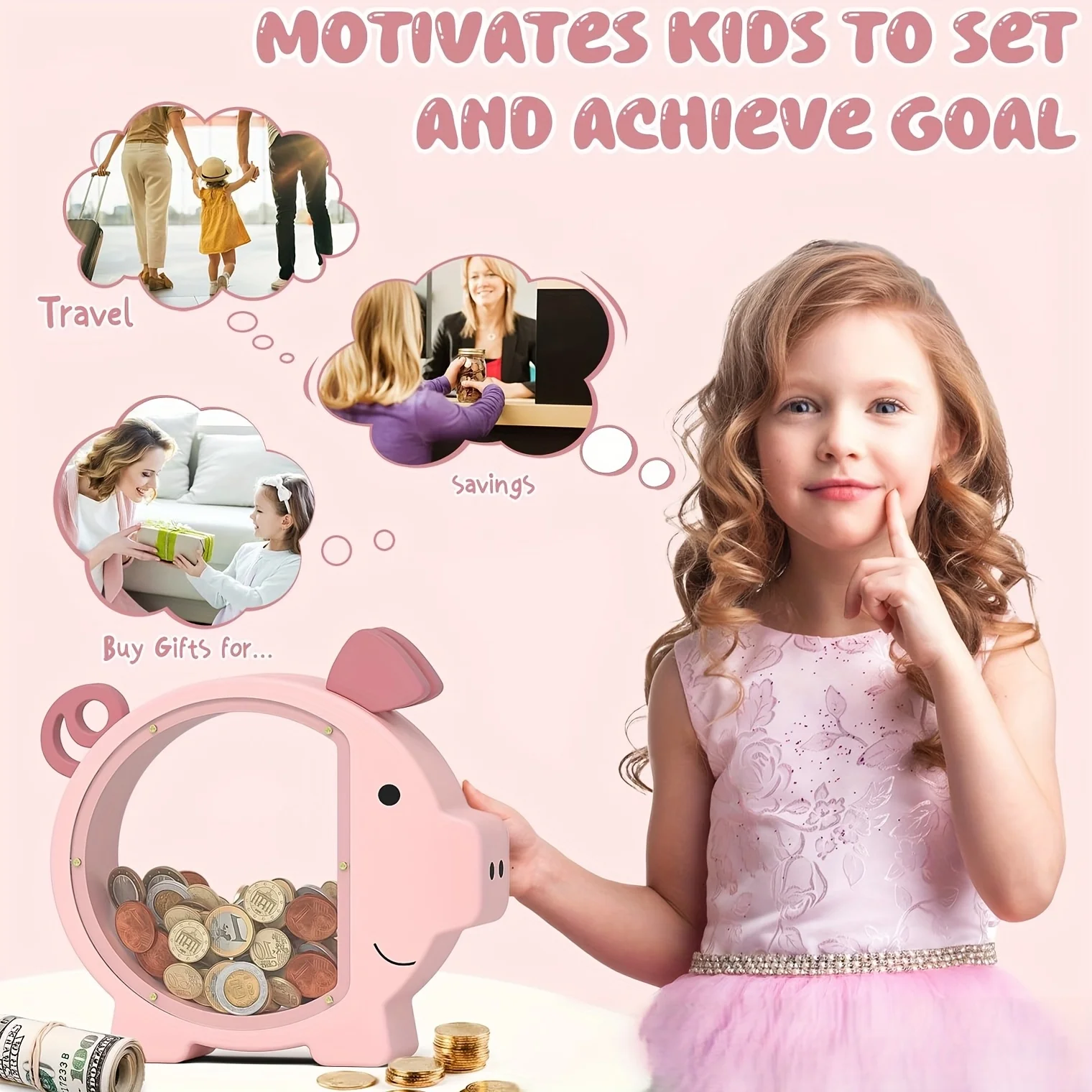 Massivholz Sparschwein Mädchen Rosa Kleines Schwein Sparbüchse Holz Kindergeschenk Geldspardose Münz- und Dollarsparbox