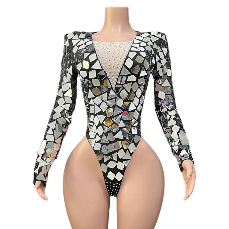 Gold Silver Mirror Sequins Bodysuit Nightclub DJ Gogo Costume Women Dancer Sexy Stage Wear Singer Performance Drag Queen Costume