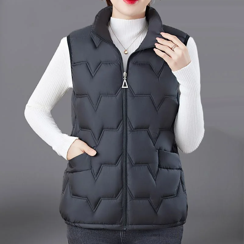 Fashion Women Down Cotton Jackets Vests Solid Stand Collar Zipper Cardigan Thicken Autumn Winter Warm Casual Sleeveless Coats