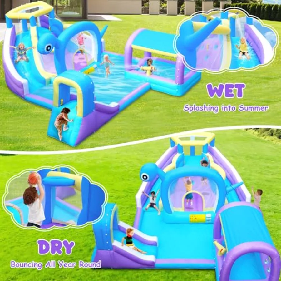 Outdoor inflatable water slide park for 5 kids: PVC, blue/red, includes blower, 2 splash pools, climbing wall, water cannon, ri