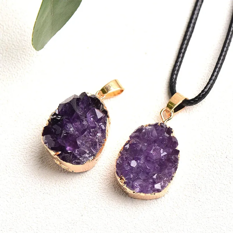 100% Natural Amethyst Cluster Pendant Necklace Brazil Amethyst Crystal Random Shaped Stones Reiki Jewelry For Unisex Gift