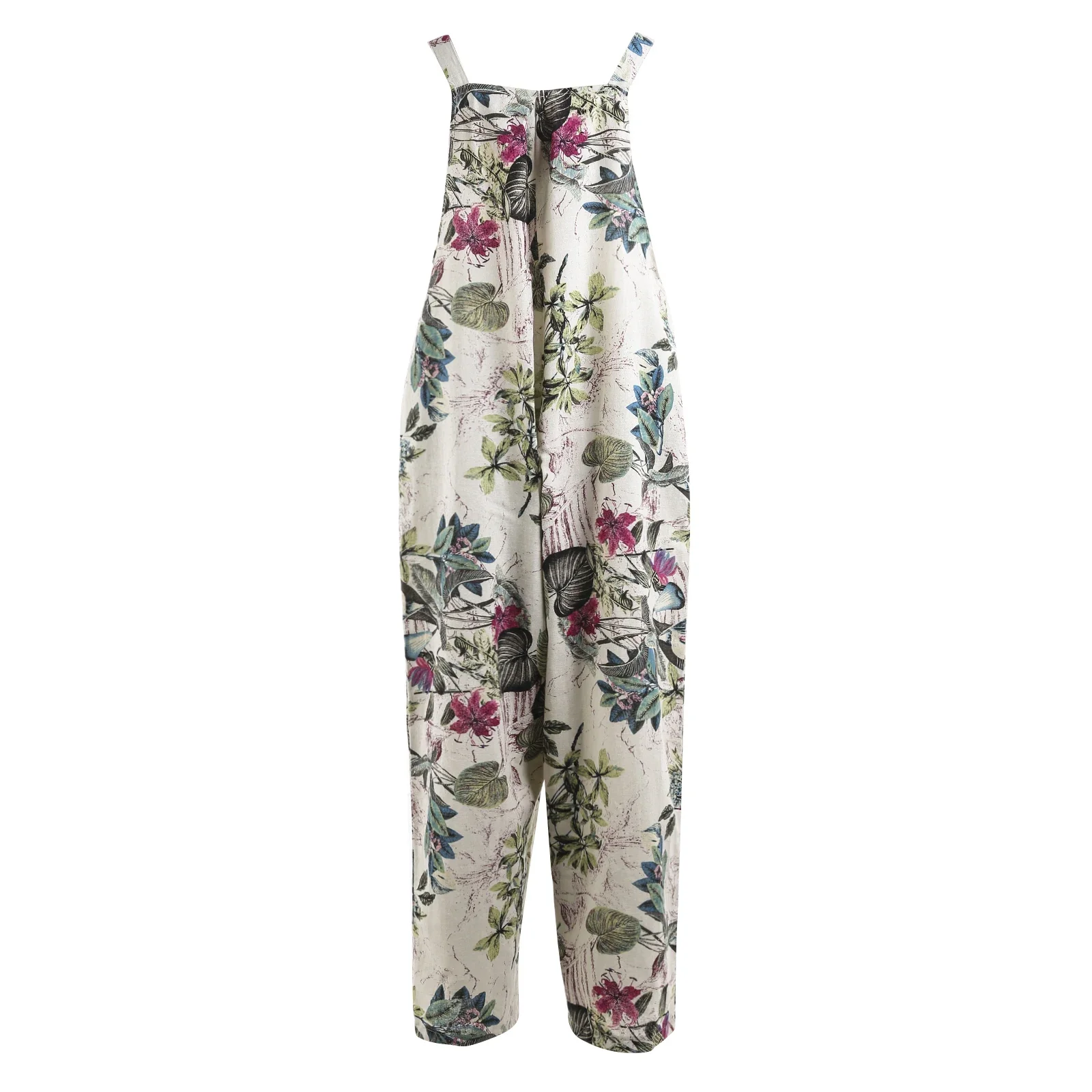 Women Casual Fashion Jumpsuit Leaf Floral Print Strappy Cotton Linen Loose Long Harem Overalls Summer Rompers Plus Size 2024