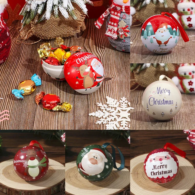 Christmas Candy Box Tin Ball Candy Can Gift Packaging Box Printing Round Ball Shaped Mini Box Kids Gift Tree Hanging Supplies