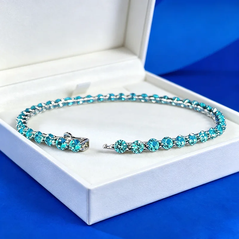 Solid platinum PT950 Paraiba Blues Tennis Luxury white gold chain bracelet for women full of round diamonds
