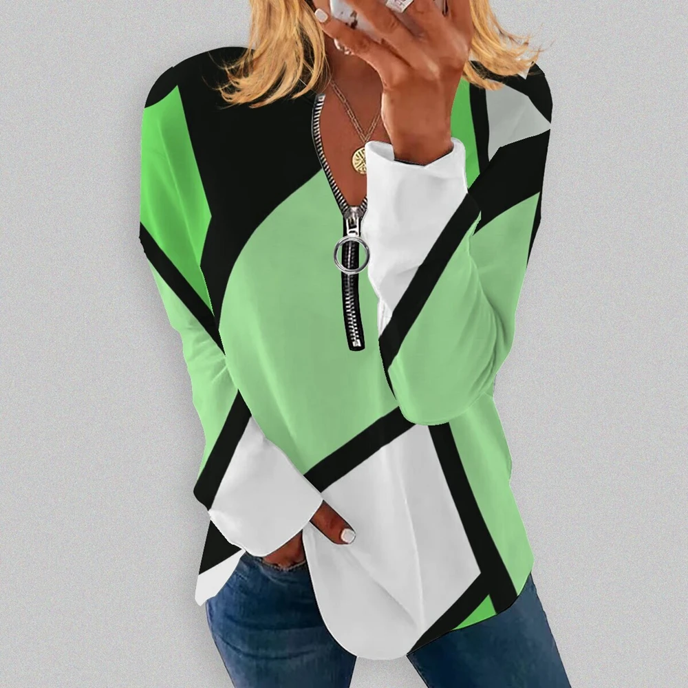 Women's Casual Geometric Print V-Neck Loose Long Sleeve T-Shirts Femme Autumn Zipper Tee Tops Office Lady High Street Clothing