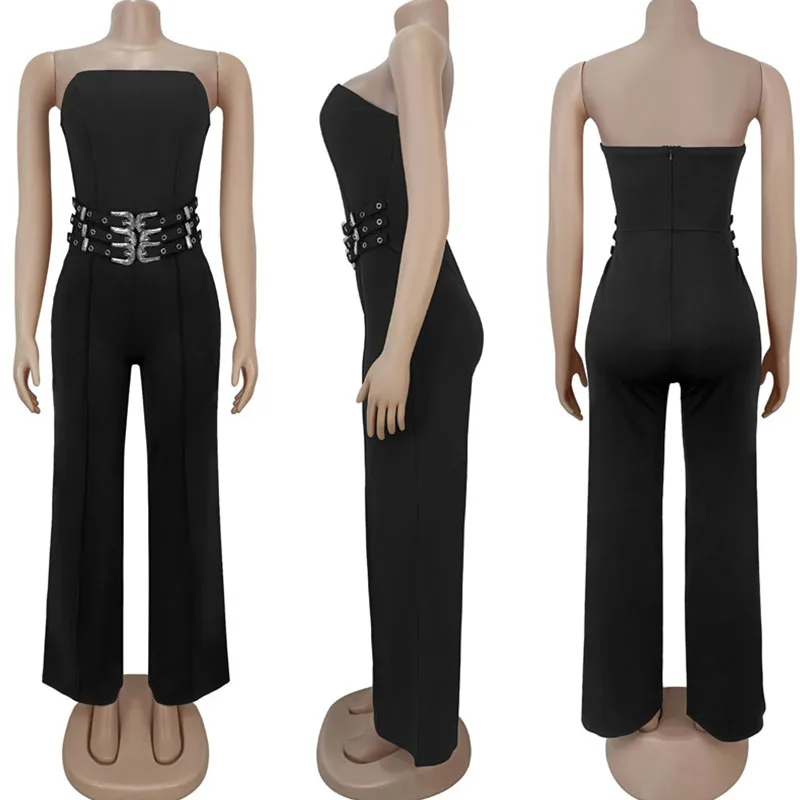 Doyerl ปิดไหล่ Strapless Elegant Jumpsuit ผู้หญิงคลับสวม Night Party ปุ่มโลหะเอวสูงขากว้าง Rompers Monos