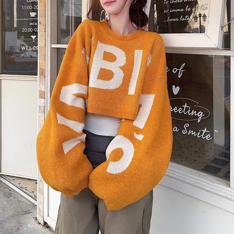 Women's Clothing Letter Short Pullovers Knitted Vintage Loose Autumn Winter Basic Round Neck Korean Casual Long Sleeve Sweaters