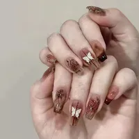 Frozen Rose Wearable Pink Press On Fake Nails Tips With Glue False Nails Design Butterfly Lovely Girl False Nails Wholesale