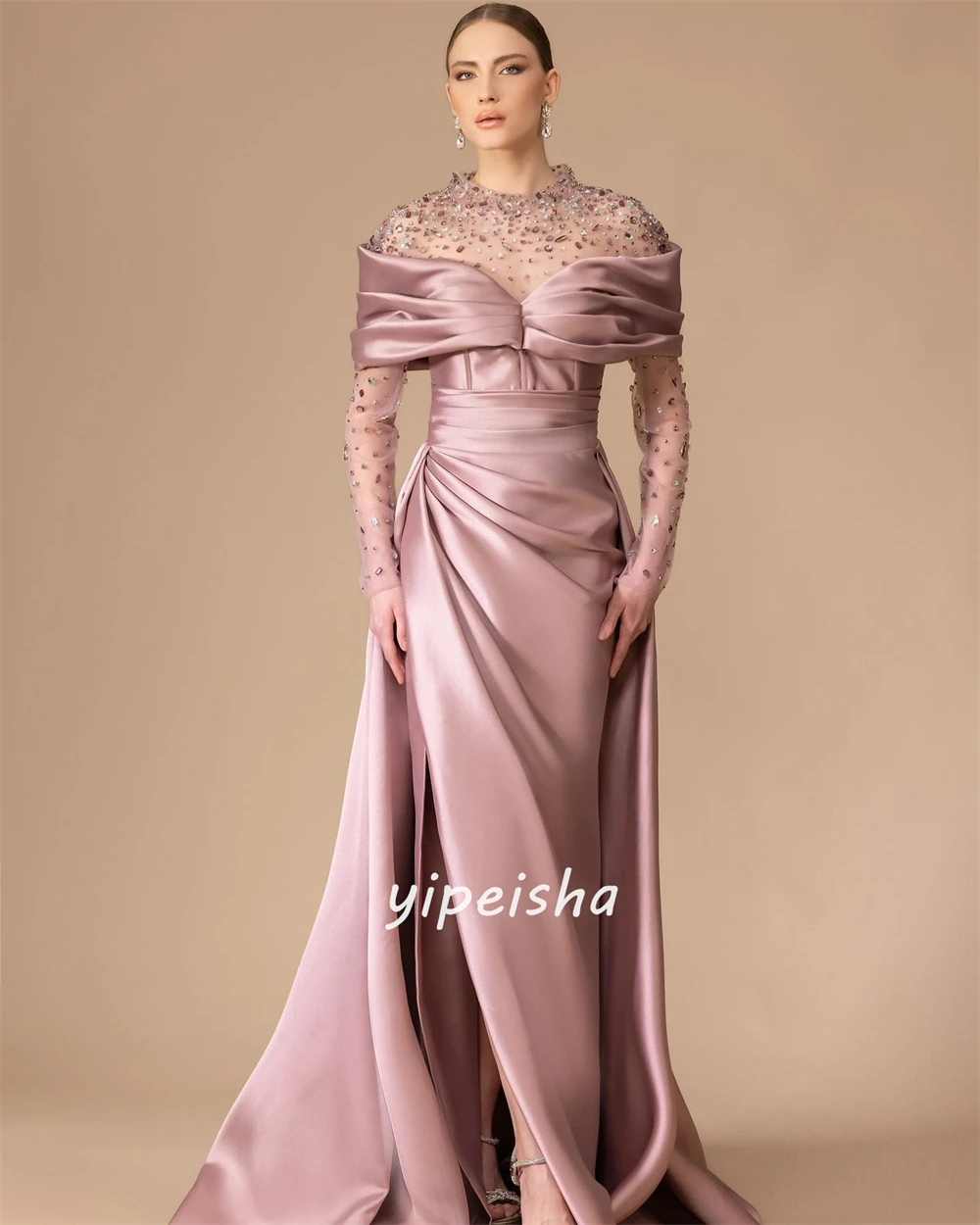 Customized  Evening Satin Rhinestone Draped Celebrity A-line High Collar Bespoke Occasion Gown Long Dresses