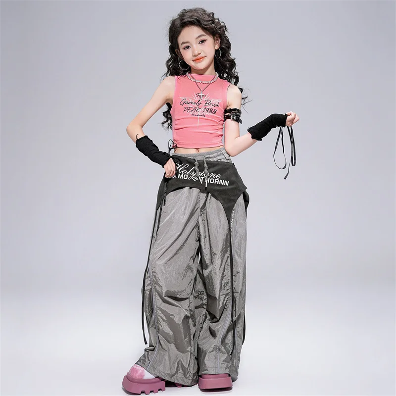 Ubrania Hip Hop dla Dziewczynek Dziecięce Kostiumy Jazzowe Street Dance Różowe Bezrękawniki Szare Spodnie Casualowe dla Dzieci Strój na Występ
