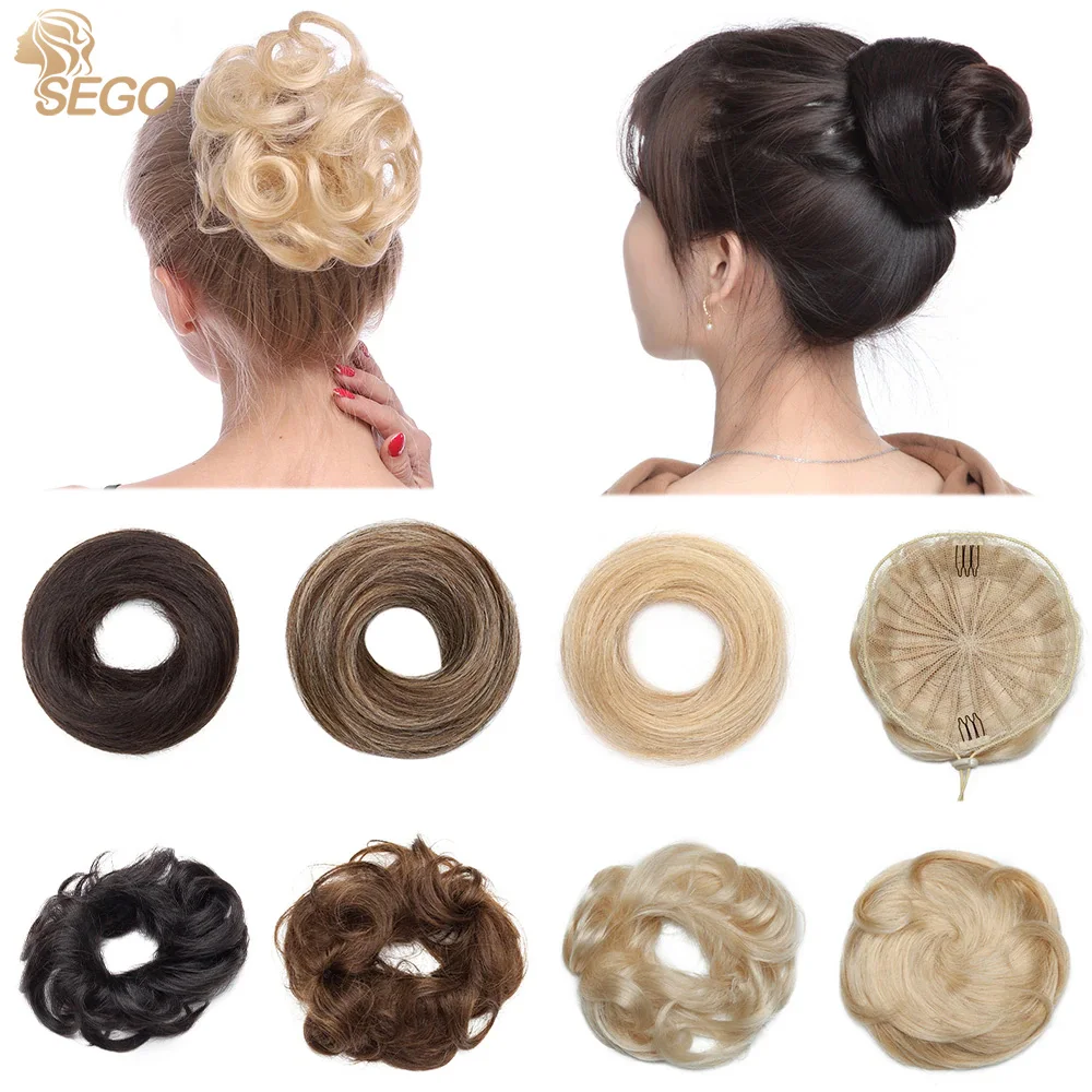 SEGO 100% Human Hair Messy Bun Small Scrunchies Updos Donut Chignon Ponytail Hair Extensions Wrap Ponytail Remy Hairpiece