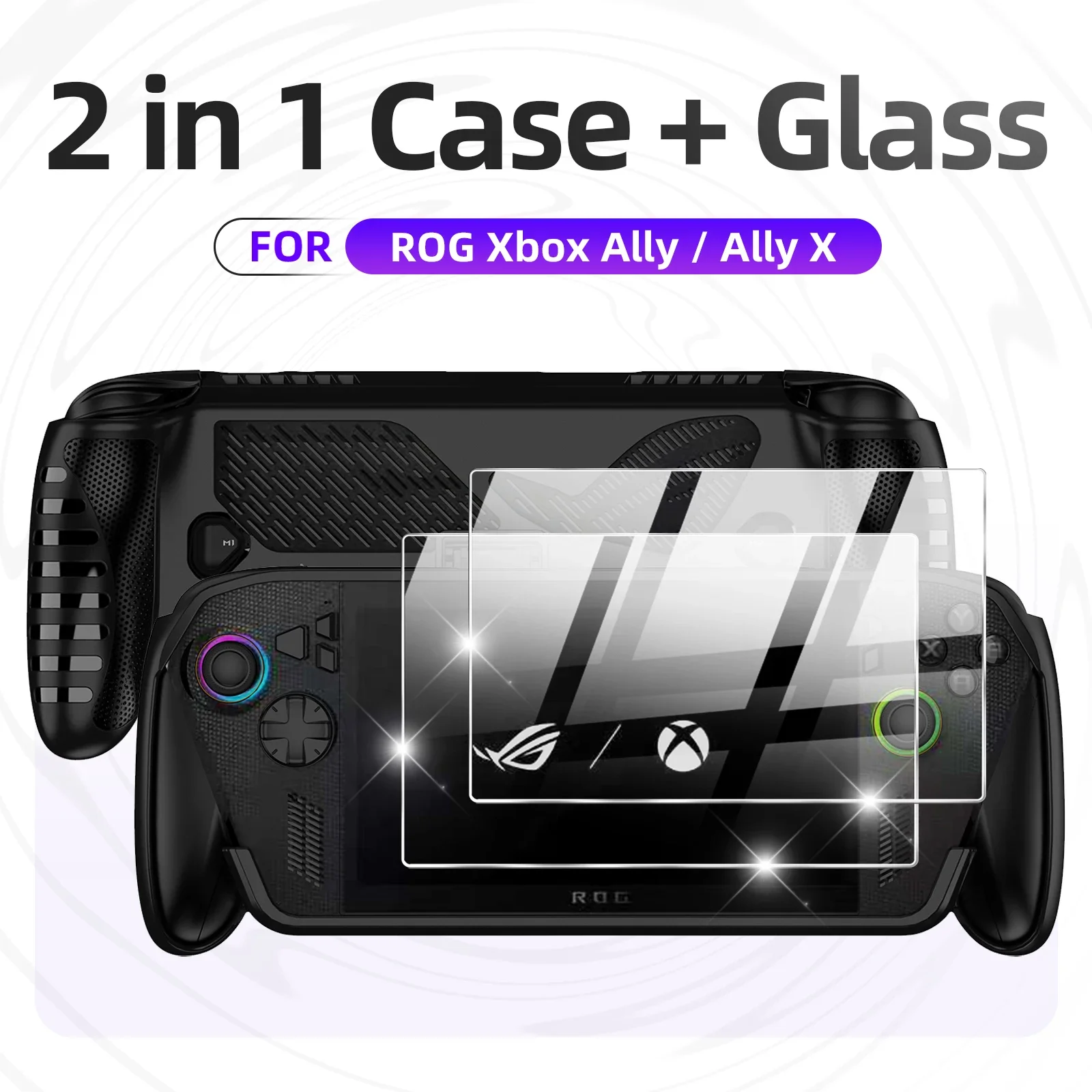 Zestaw akcesoriów 2 w 1 do ROG Xbox Ally / Ally X: etui ochronne z hartowanym szkłem hartowanym na ekran, odporne na wstrząsy.