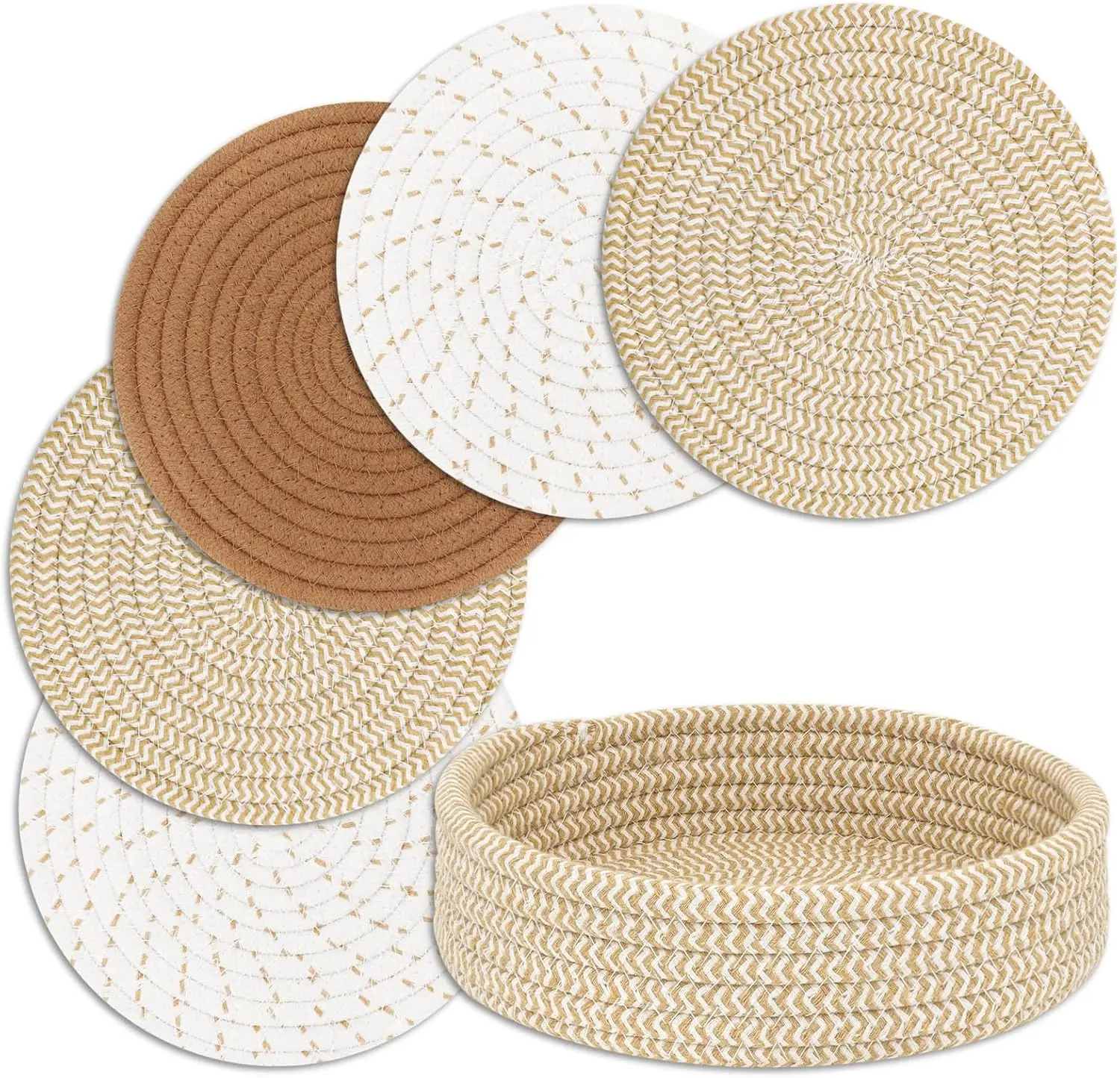 

Heat-Resistant Trivets & Pot Holders Set with Storage Basket, Farmhouse Decor, 5-Piece Brown Mix for Kitchen Counter Protection