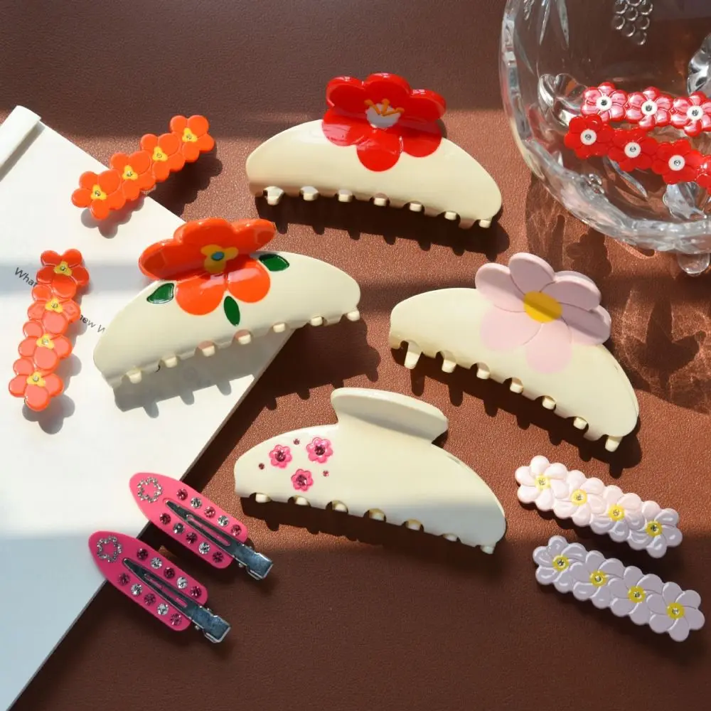 

Sweet Colorful Flower Acetate Hair Claw Rhinestone Hairpin Sakura Barrettes Headwear Hair Accessories Back Head Hair Grab Girls