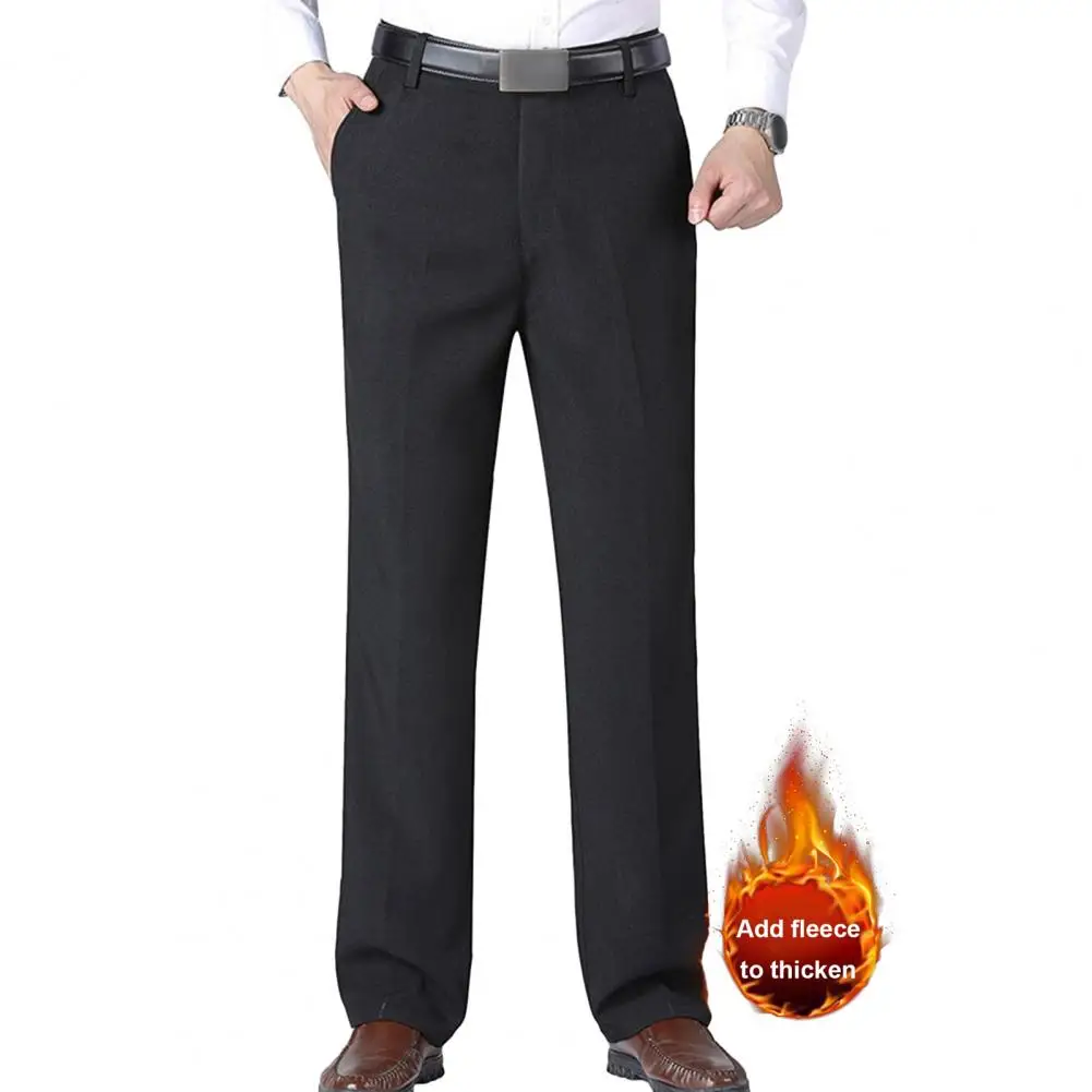 Men Straight-leg Pants Men Suit Trousers Men's Thick Plush Straight Suit Pants with Soft Pockets Mid Waist Zipper for Office