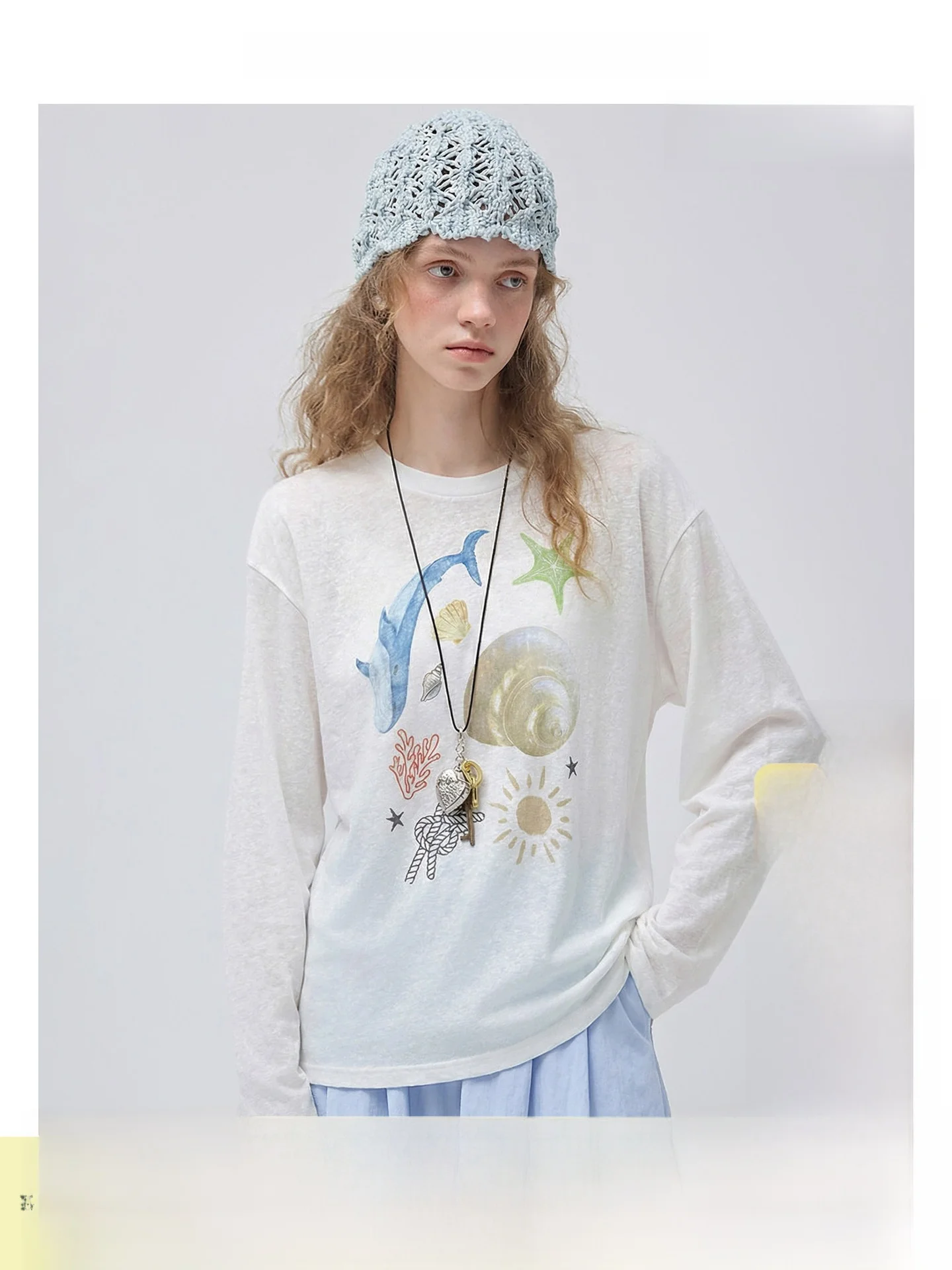 

Легкая женская футболка с длинным рукавом Cloud Weave Whale Fall VEGA CHANG с забавным принтом океана, в корейском стиле, прямого кроя, для повседневной носки