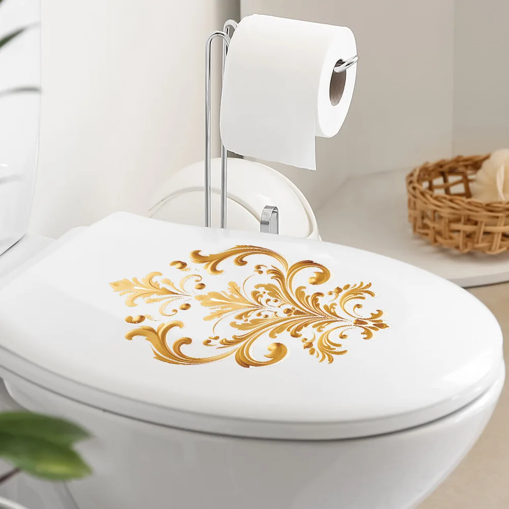 Gold Damask Toilet Tank Decal - Elegant Floral Scroll Vinyl Sticker, Waterproof Removable Bathroom Decor for Toilet Tank