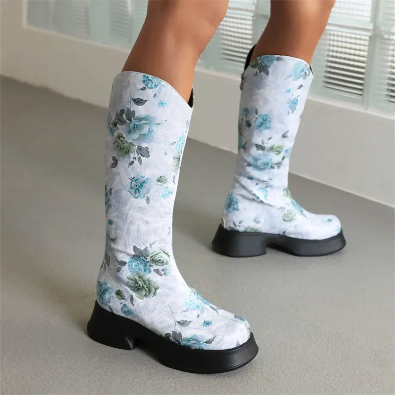 Platform Heel Round Toe Back Zip Print Women's Knee Boots Floral Pattern Warm Plush Lining Flat Vintage Rider Boots