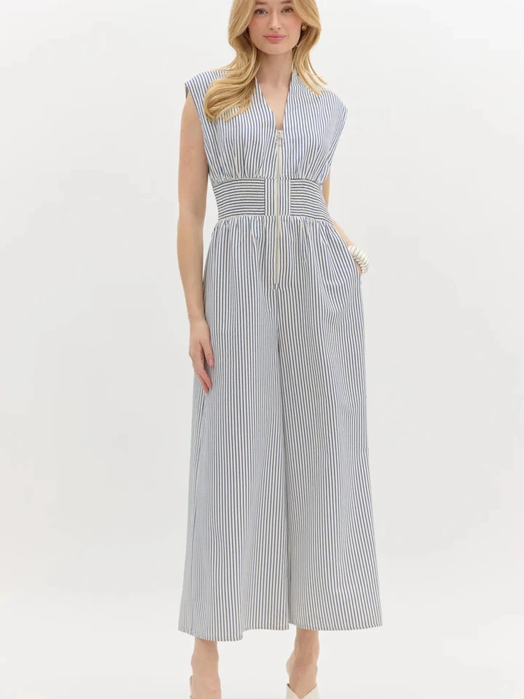 

Элегантные простые брюки-комбинезон в полоску с V-образным вырезом, с высокой талией, широкими штанинами, длинные, для повседневной носки, летняя коллекция, высококачественная ткань