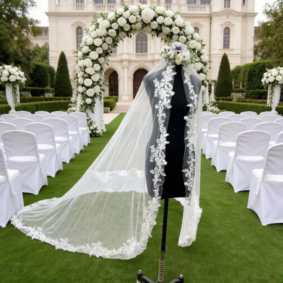 

Customized Ivory Cathedral Wedding Veils Lace Appliques One Layer Bride wedding accessories Bridal Veil