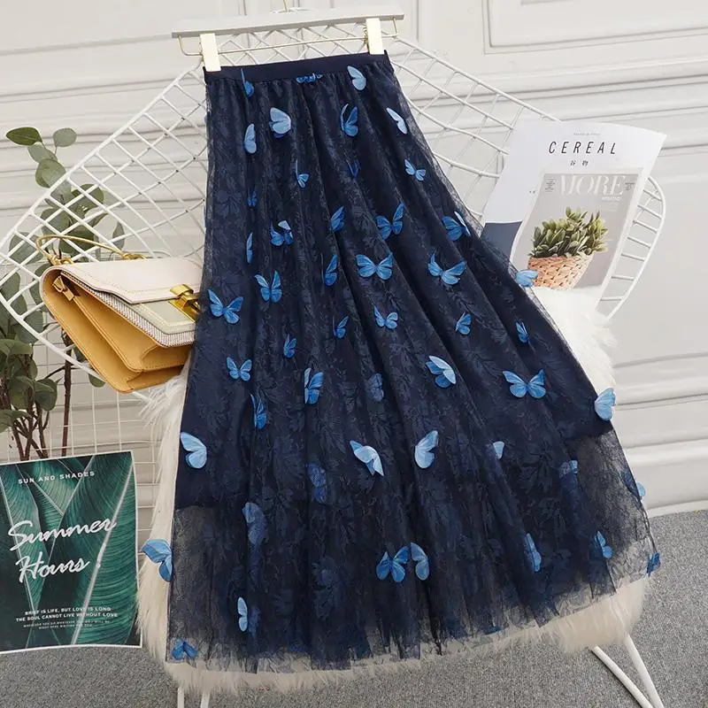 Three-dimensional Butterfly Black Mesh Skirt Women A-line 2022 Summer Skirt Women Elastic High Waist Casual Long Skirt