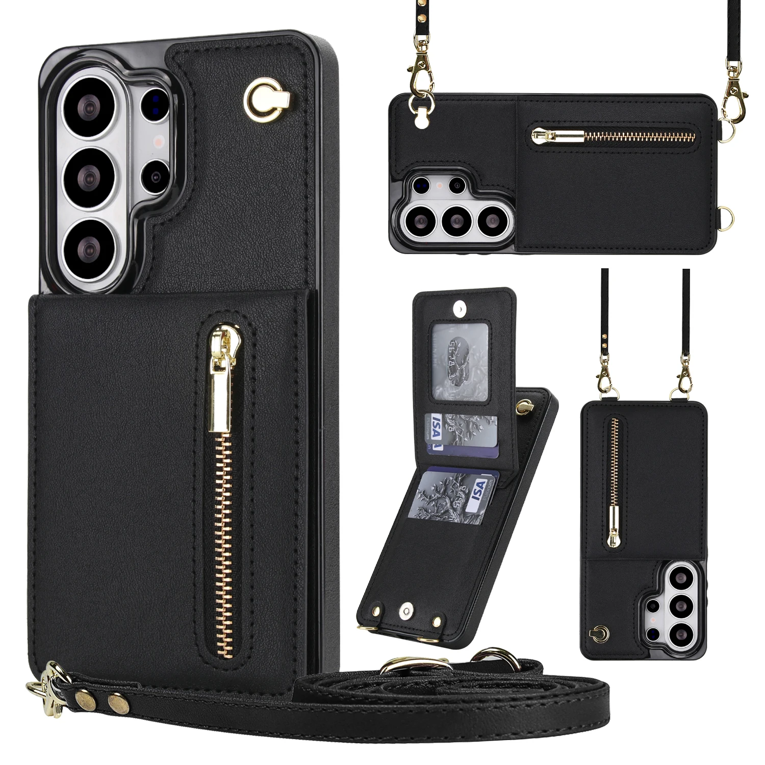 

Crossbody Strap Leather Zipper Card Holder Wallet Phone Case For Samsung Galaxy S26 Ultra S25 S24 S23 Plus, Flip Kickstand Cover