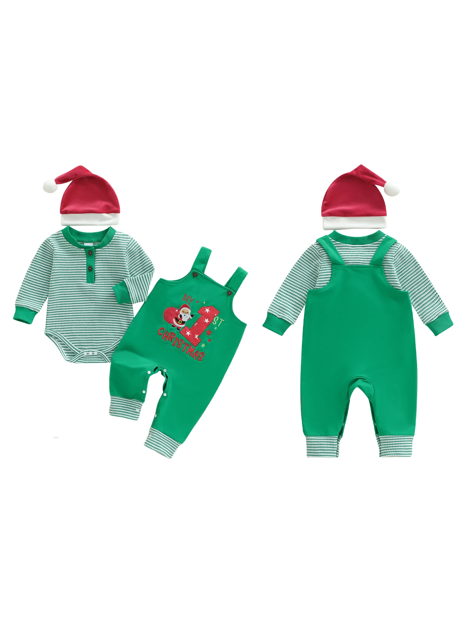 Adorable Christmas Kids 3 Piece Set with Festive Long Sleeve Striped Jumpsuit Santa Letter Print Overalls and Matching Hat