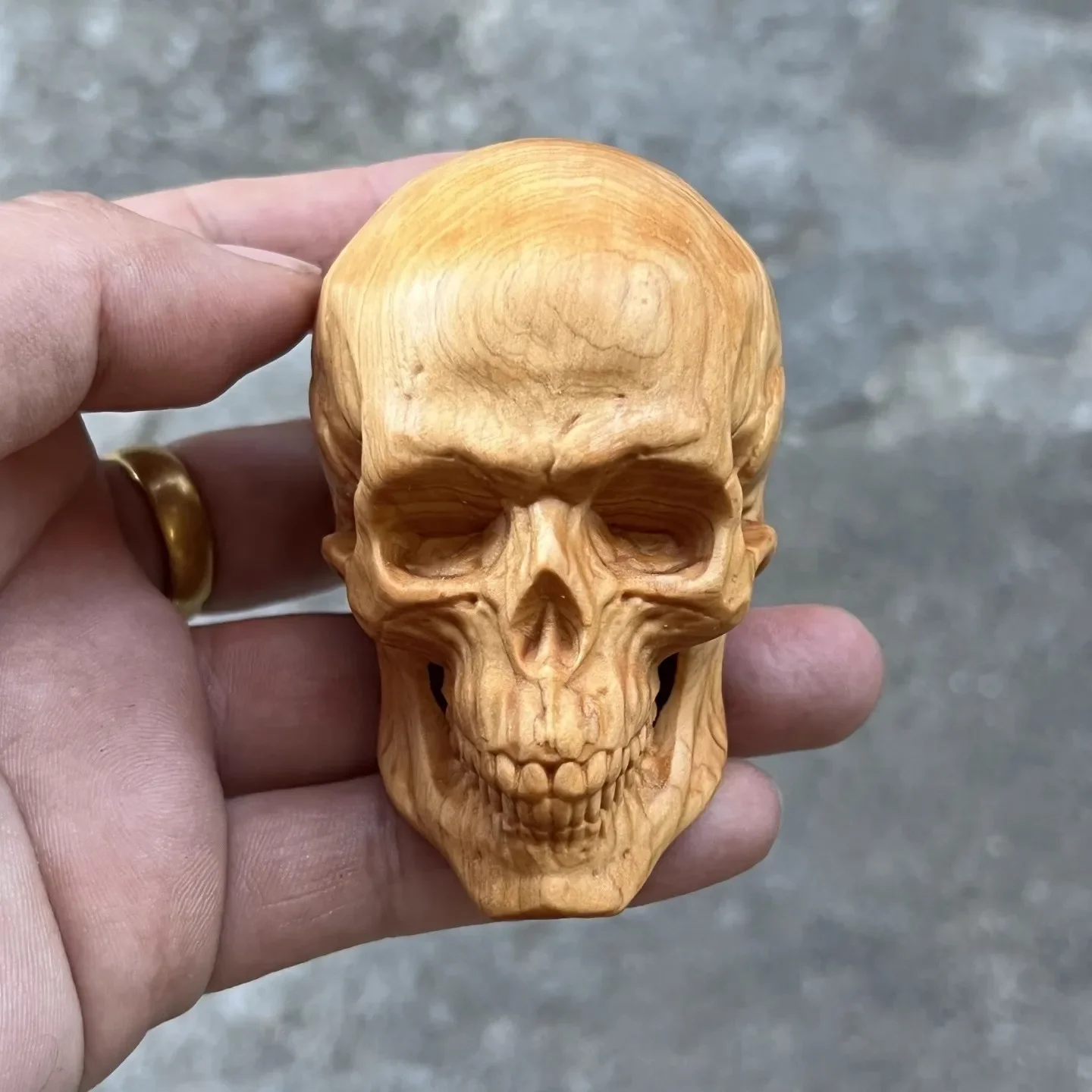 Gothic Dark Decor Skull Carving from Natural Wood - Handmade Art Sculpture, Unique Desktop & Bookshelf Ornament for Halloween