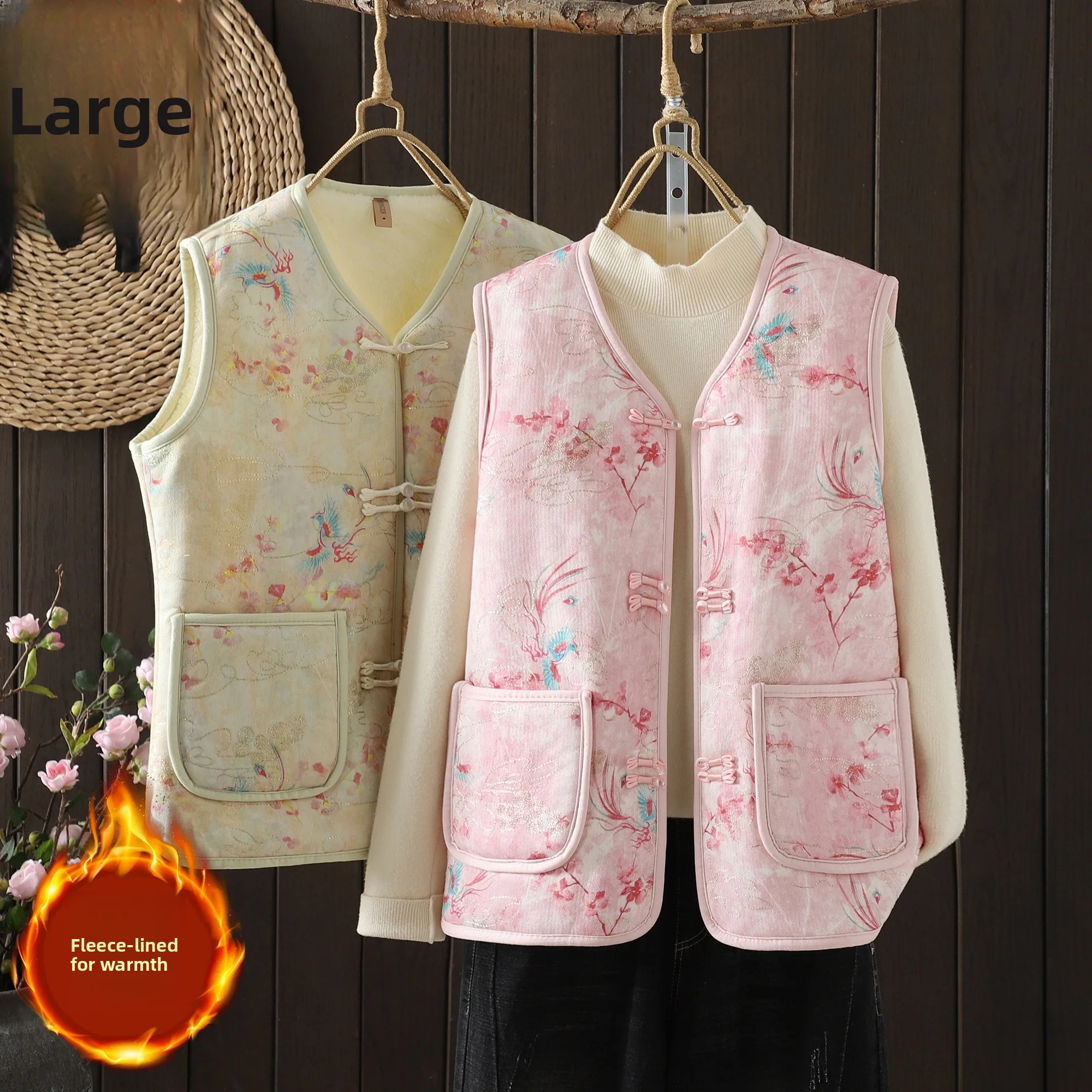 

Fce Lined National Sle Vest Autumn Winter Mom Sweet Print New Chinese Spring under Spin Yarn Quali Matched Top Outerwear
