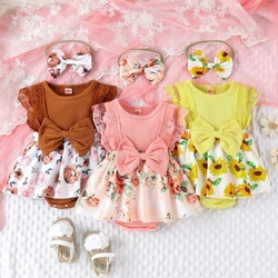 Fashion Floral BowKnot Bodysuits Dress with Headband for Baby Girls Summer Casual Cute Jumpsuits for Toddlers Newborn Rompers