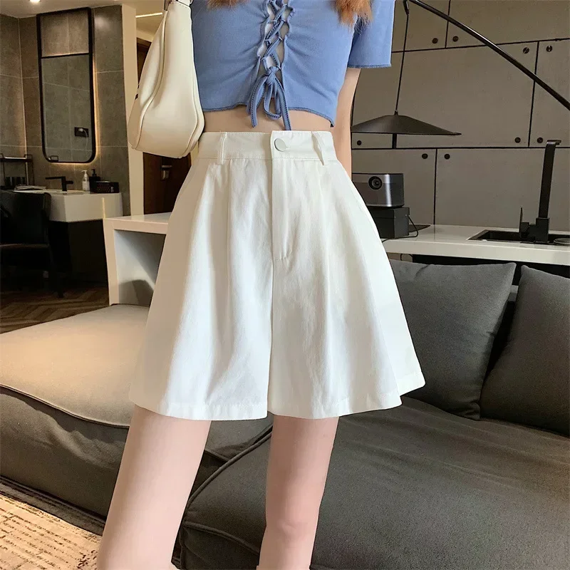 Y2K Women High Waist White Shorts Korean Fashion Pleated Wide Leg Pants Summer Casual All Match Female Preppy Style Pants New