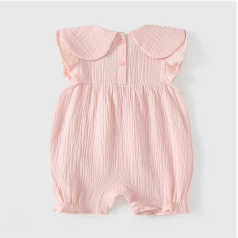 Summer Baby Clothes Cartoon Embroidery Flower Lapel Newborn Jumpsuit Clothes Baby Girl Wrinkled Texture Pink Sleeveless Romper
