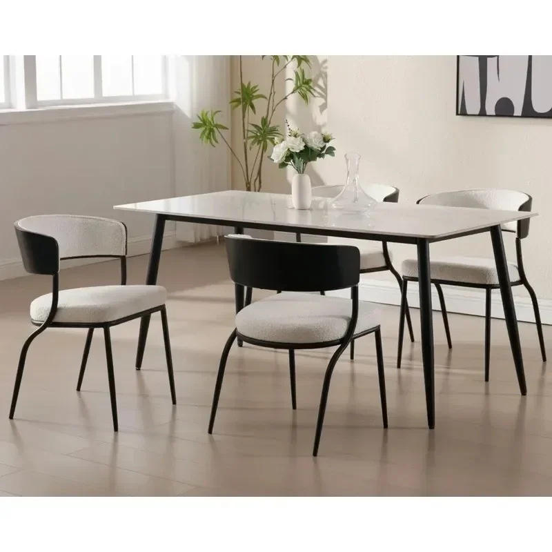 Set of 4 Modern Dining Chairs, Upholstered in White Boucle Fabric, with Curved Design and Black Metal Legs