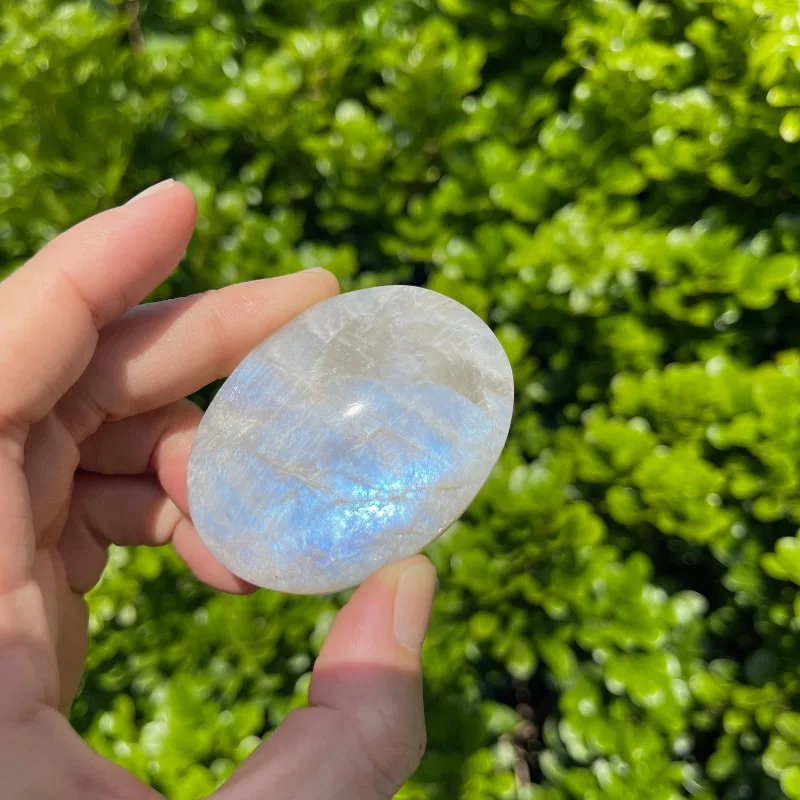 Blue Flashy Moonstone Palm Stone: Reiki Meditation Crystal
