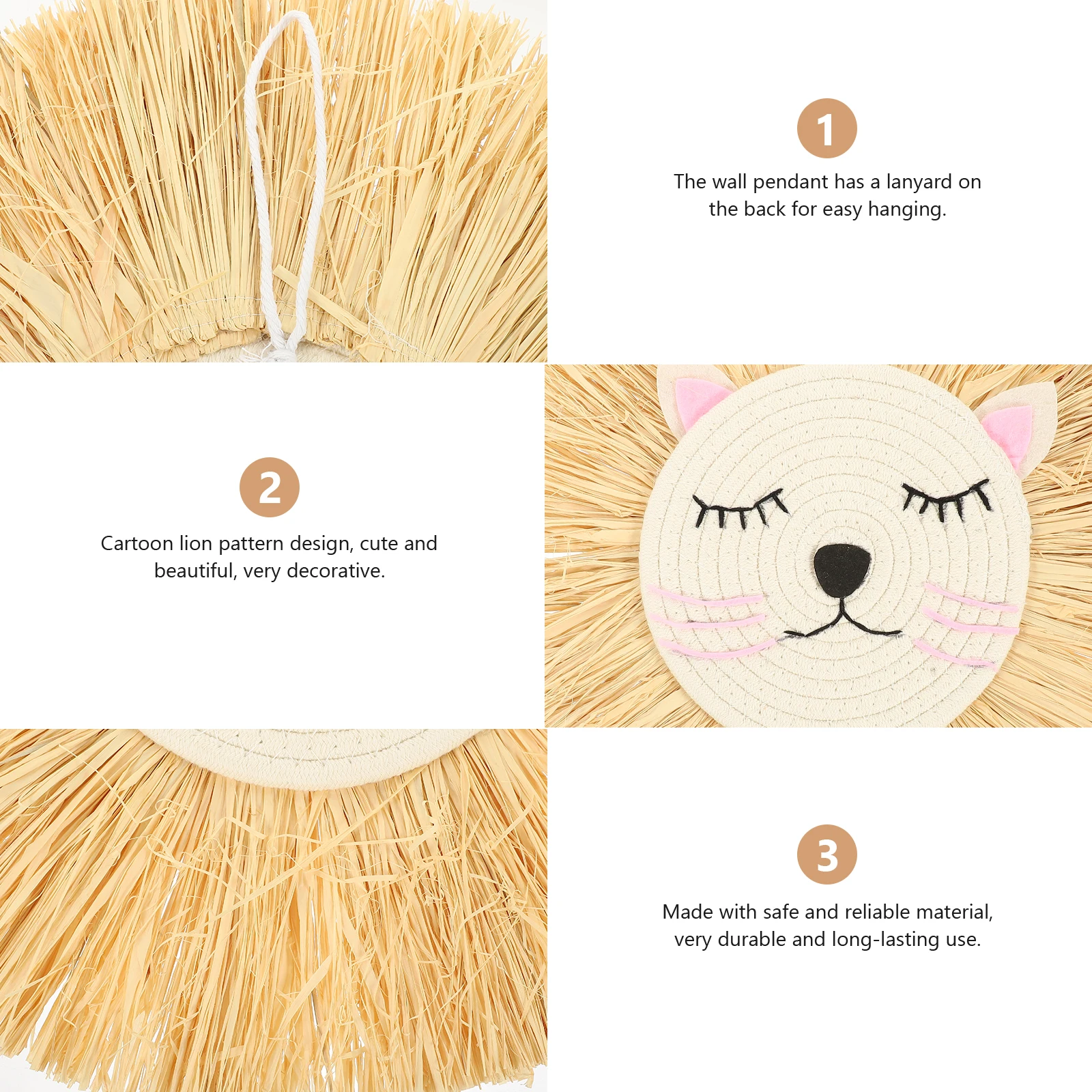 

Creative Cartoon Lion Wall Hanging Pendant Lion Head Woven Wall Art Decorative Animal Head Ornament Rustic Style Ornament