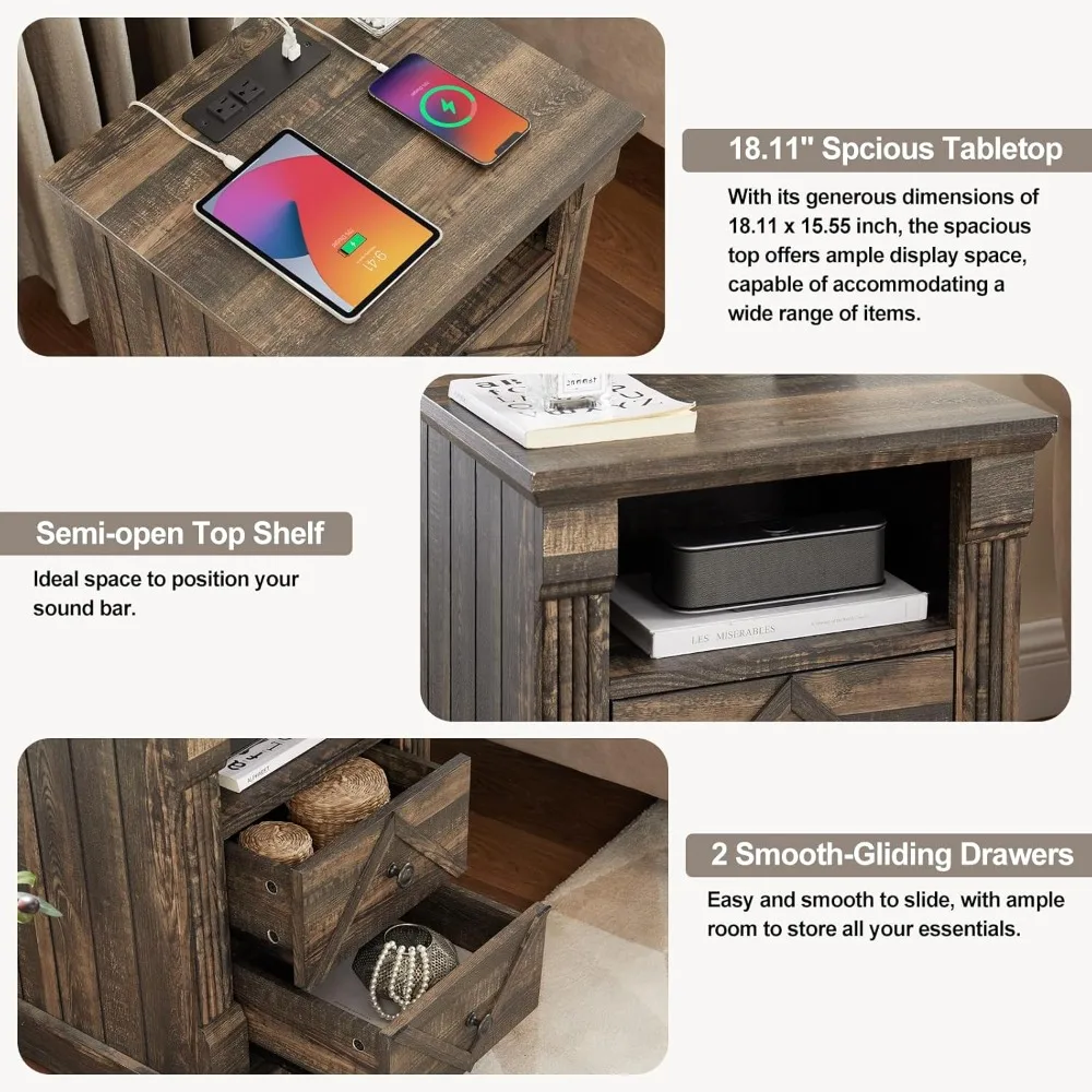 منضدة على طراز المزرعة الحديثة مع منفذ شحن، وطاولة جانبية خشبية ذات درج مزدوج، ولمسة عمود روماني لمساحات المعيشة